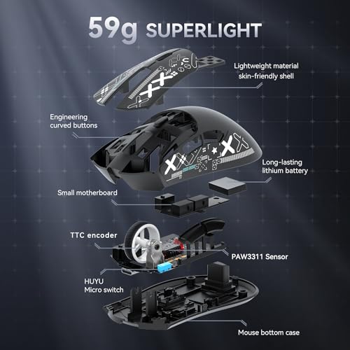 ATTACK SHARK R1 59g Superlight Maus mit Klebeband, PixArt PAW3311 Gaming-Sensor, BT/2,4G kabellose/kabelgebundene Gaming-Maus, 6 einstellbare DPI bis zu 18000, 65 Stunden Akku (schwarz) Bild 5