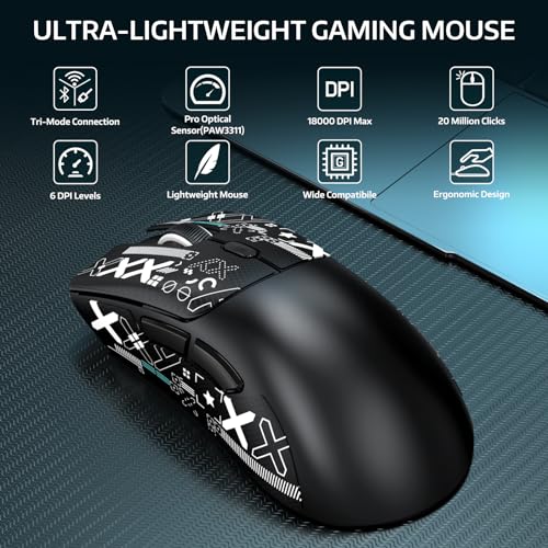 MAMBASNAKE x Attack Shark R1 59 g leichte kabellose Tri-Mode-Gaming-Maus mit Anti-Rutsch-Aufklebern, 2,4G/BT/Kabelkonnektivität,5 programmierbare Tasten,6 einstellbare DPI bis zu 18000,PAW3311–Schwarz Bild 2