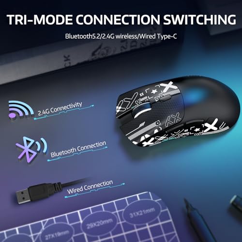 MAMBASNAKE x Attack Shark R1 59 g leichte kabellose Tri-Mode-Gaming-Maus mit Anti-Rutsch-Aufklebern, 2,4G/BT/Kabelkonnektivität,5 programmierbare Tasten,6 einstellbare DPI bis zu 18000,PAW3311–Schwarz Bild 3