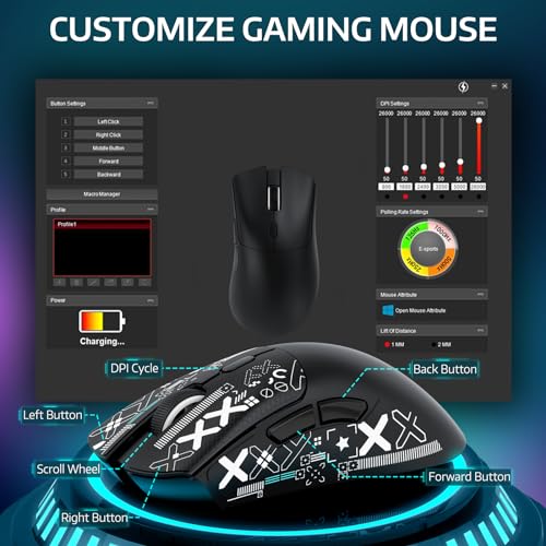 MAMBASNAKE x Attack Shark R1 59 g leichte kabellose Tri-Mode-Gaming-Maus mit Anti-Rutsch-Aufklebern, 2,4G/BT/Kabelkonnektivität,5 programmierbare Tasten,6 einstellbare DPI bis zu 18000,PAW3311–Schwarz Bild 5