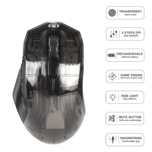 VBESTLIFE Kabellose Gaming-Maus, Transparente, Geräuschlose RGB-Gaming-Maus, 3-Modus-Konnektivität (2,4 GHz, Bluetooth, kabelgebunden), 5 Einstellbare DPI, für Laptop-PC-Computer (Black) Bild 2