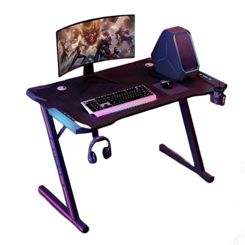 Gaming-Schreibtisch mit LED-Leuchten, Computertisch mit Headset-Haken und Getränkehalter, Z-förmiger Schreibtisch, kompakter Eckschreibtisch, Stabiler PC-Schreibtisch, für Heimbüro Bild 1