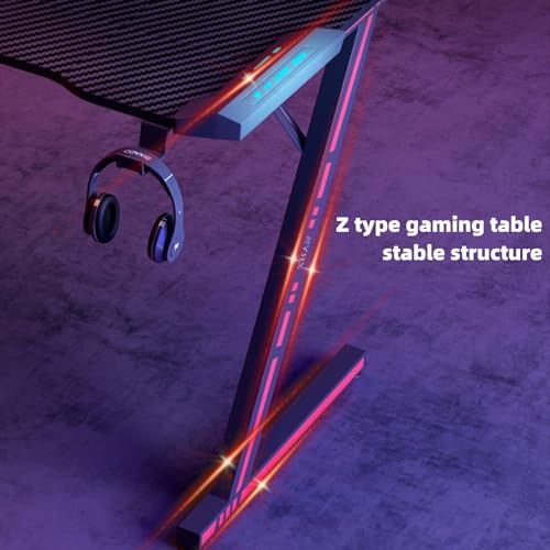 Gaming-Schreibtisch mit LED-Leuchten, Computertisch mit Headset-Haken und Getränkehalter, Z-förmiger Schreibtisch, kompakter Eckschreibtisch, Stabiler PC-Schreibtisch, für Heimbüro Bild 5