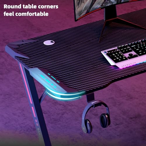 Gaming-Schreibtisch mit LED-Leuchten, Computertisch mit Headset-Haken und Getränkehalter, Z-förmiger Schreibtisch, kompakter Eckschreibtisch, Stabiler PC-Schreibtisch, für Heimbüro Bild 3