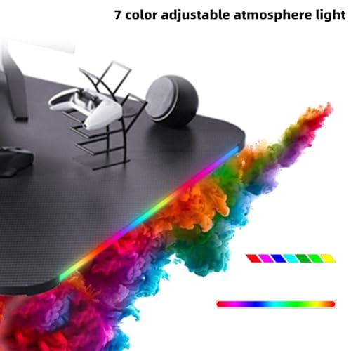 L-förmiger Schreibtisch mit LED-Leuchten, Gaming-Schreibtisch, Computertisch, kompakter Eckschreibtisch mit Headset-Haken und Getränkehalter, Oberfläche aus Kohlefaser, Stabiler PC Bild 4