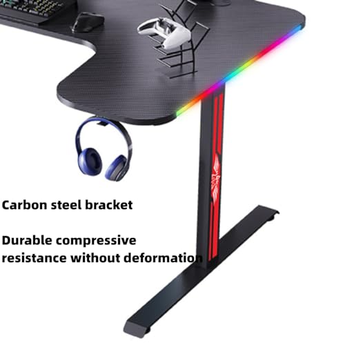 L-förmiger Schreibtisch mit LED-Leuchten, Gaming-Schreibtisch, Computertisch, kompakter Eckschreibtisch mit Headset-Haken und Getränkehalter, Oberfläche aus Kohlefaser, Stabiler PC Bild 7