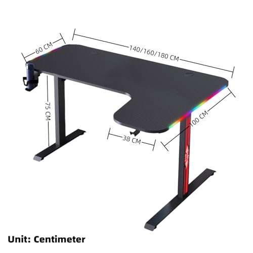 L-förmiger Schreibtisch mit LED-Leuchten, Gaming-Schreibtisch, Computertisch, kompakter Eckschreibtisch mit Headset-Haken und Getränkehalter, Oberfläche aus Kohlefaser, Stabiler PC Bild 3