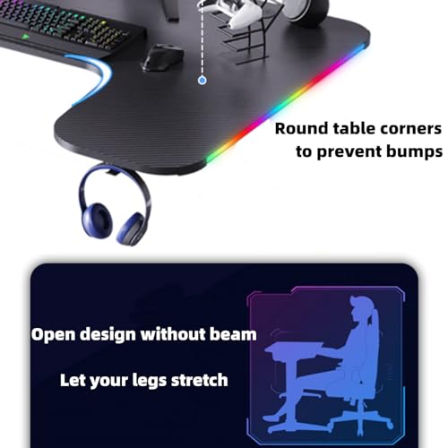 L-förmiger Schreibtisch mit LED-Leuchten, Gaming-Schreibtisch, Computertisch, kompakter Eckschreibtisch mit Headset-Haken und Getränkehalter, Oberfläche aus Kohlefaser, Stabiler PC Bild 6