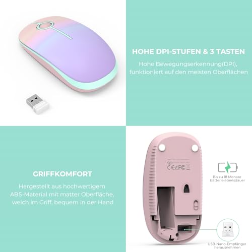 seenda Maus Kabellos, 2,4G Funkmaus mit 1600 DPI für PC/Laptop/Linux, 3 Leise Tasten, Für Links- und Rechtshänder, 18 Monate Akkulaufzeit (Rosa & Lila) Bild 5