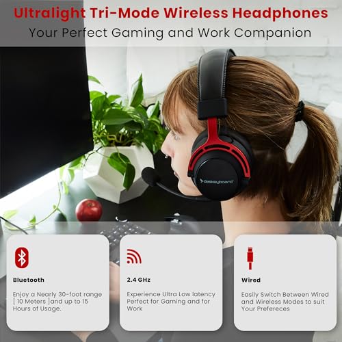 Das Keyboard Headset kabellos für Arbeit/Gaming kompatibel mit PC,PS5,Xbox, Switch - Ultraleichte komfortable Over Ear Earpads - Voice Isolation Mikrofon - Extra Bass 53mm Treiber, rotes Aluminium Bild 2