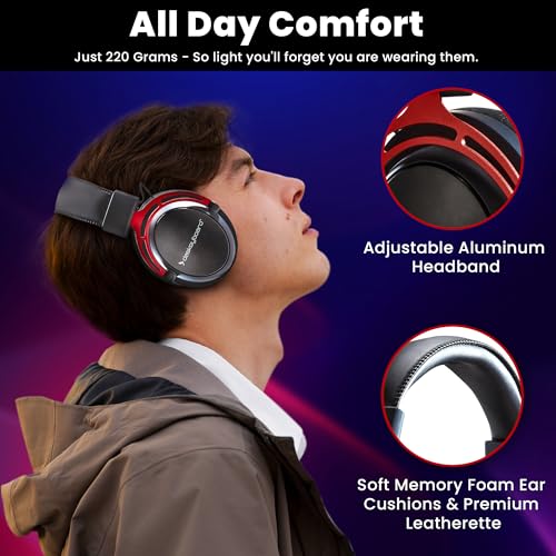 Das Keyboard Kabel Headset für Arbeit Gaming PC PS5 Xbox Nintendo Switch - Ultraleichte komfortable Over Ear Earpads - Voice Isolation Mikrofon - Extra Bass 53mm Treiber, langlebiges rotes Aluminium Bild 2