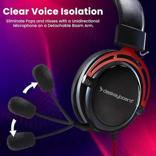 Das Keyboard Kabel Headset für Arbeit Gaming PC PS5 Xbox Nintendo Switch - Ultraleichte komfortable Over Ear Earpads - Voice Isolation Mikrofon - Extra Bass 53mm Treiber, langlebiges rotes Aluminium Bild 3