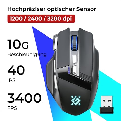 Defender Knight GM-885 Kabellose Gaming Maus, RGB Beleuchtung, 3200 DPI, 400 mAh Akku, 7 programmierbare Tasten, USB-C, 2.4 GHz Wireless Maus für PC Windows Bild 2
