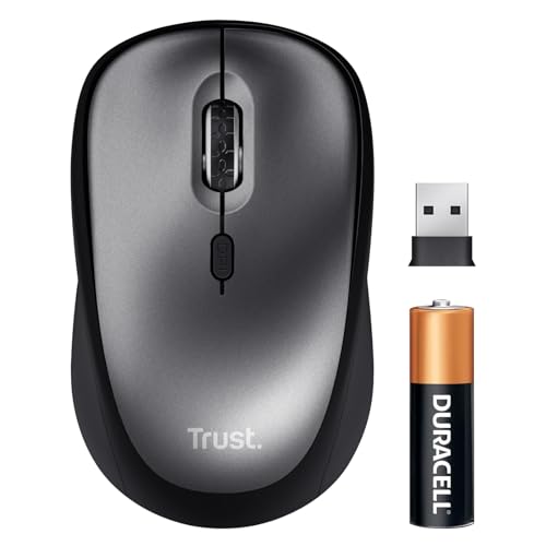 Trust Leise Funkmaus mit Batterie für Rechts- und Linkshänder, 800-1600 DPI, 83% Recyclingkunststoff, Verstaubarer USB Mikroempfänger, Kompakte Maus Kabellos für Laptop, PC, Mac - Schwarz Bild 1