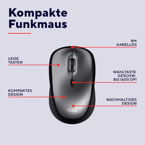 Trust Leise Funkmaus mit Batterie für Rechts- und Linkshänder, 800-1600 DPI, 83% Recyclingkunststoff, Verstaubarer USB Mikroempfänger, Kompakte Maus Kabellos für Laptop, PC, Mac - Schwarz Bild 2