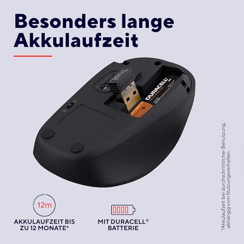 Trust Leise Funkmaus mit Batterie für Rechts- und Linkshänder, 800-1600 DPI, 83% Recyclingkunststoff, Verstaubarer USB Mikroempfänger, Kompakte Maus Kabellos für Laptop, PC, Mac - Schwarz Bild 4