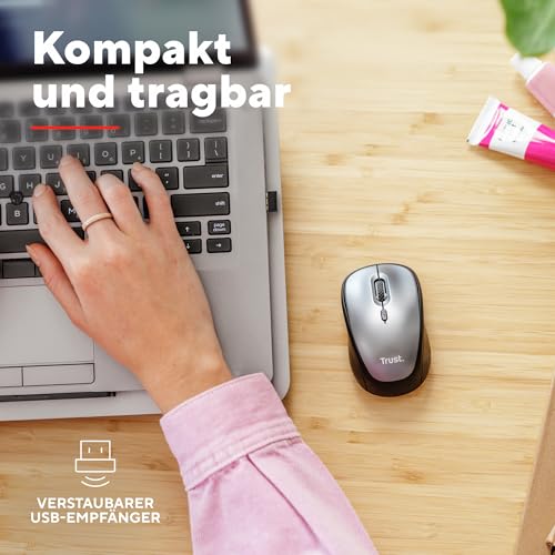 Trust Leise Funkmaus mit Batterie für Rechts- und Linkshänder, 800-1600 DPI, 83% Recyclingkunststoff, Verstaubarer USB Mikroempfänger, Kompakte Maus Kabellos für Laptop, PC, Mac - Schwarz Bild 5