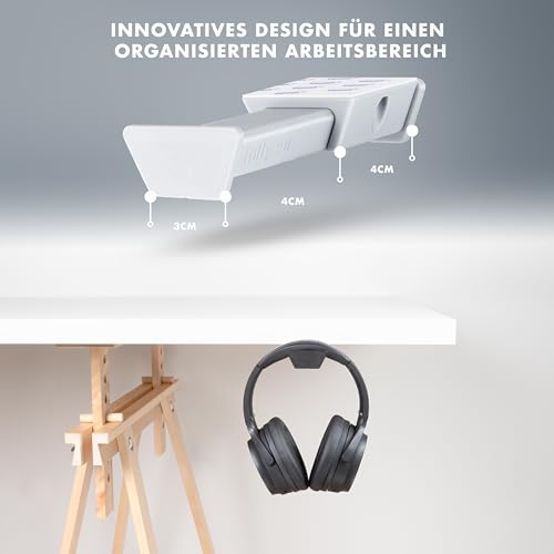 Headset Halter unter dem Tisch – Selbstklebende, ausziehbare Kopfhörerhalterung (grau) – Platzsparender Halter für Over-Ear Kopfhörer & Gaming Headsets – Schreibtisch Zubehör – Made in Germany Bild 2