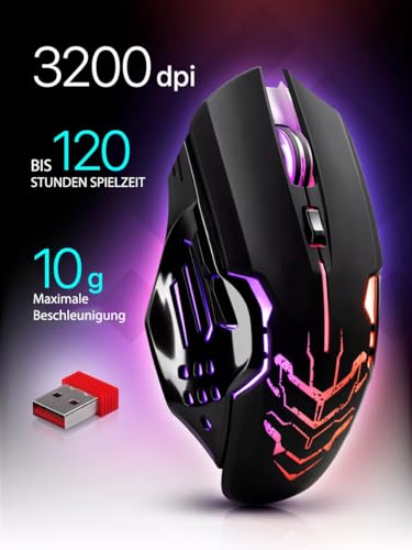 Defender® Katana Kabellose Gaming Maus - Geräuschlose Klicks - 5 programmierbare Tasten - RGB-Beleuchtung(On/Off) - bis zu 240 hrs Akkulaufzeit - Wireless Gamer Maus für PC, Mac, Laptop Bild 4