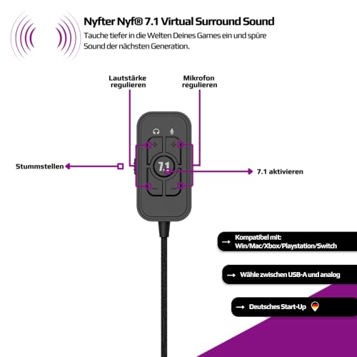 Nyfter - Premium Gaming Headset 02/2024 Surround Sound Earpad mit Memory Foam für Gaming PC, Xbox, Phones, PS, Switch, Xbox. Bild 3