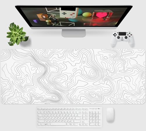 Weiß Gaming Mauspad,900x400mm Gross Kunstlinie Mausmatte,Tischunterlage mit doppelt vernähten Kanten,Waschbares Mauspad für PC,Maus und Tastatur(Topographie,Weiß) Bild 2