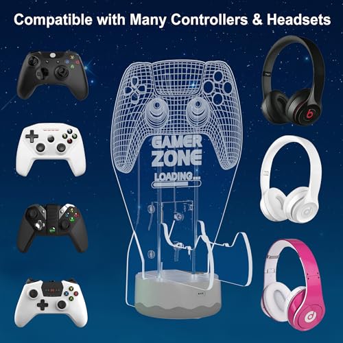 CoolGift Mart Light Up Headset und Controller Ständer, 16 Farben 3D LED Lichter Gamepad Kopfhörerhalter mit Fernbedienung, Game Controller Hänger für alle Universal Gaming PC Zubehör Bild 2