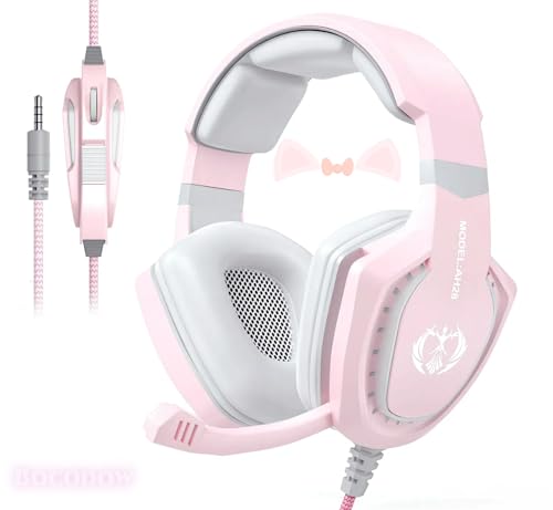 Pinkes Gaming-Headset für Mädchen und Frauen mit Mikrofon, Bass, Stereo-Surround-Sound, kabelgebunden, Over-Ear-Kopfhörer mit Mikrofon für PC, Mac, Computer, PS5, Xbox, PS4, Laptop (Rosa) Bild 1