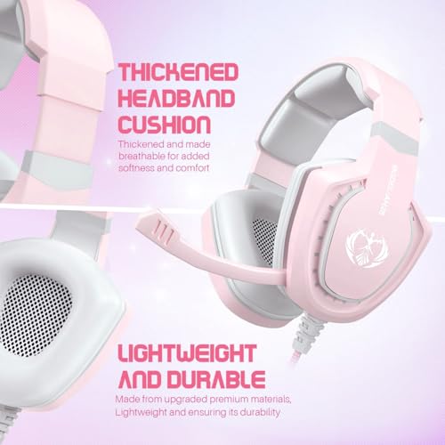 Pinkes Gaming-Headset für Mädchen und Frauen mit Mikrofon, Bass, Stereo-Surround-Sound, kabelgebunden, Over-Ear-Kopfhörer mit Mikrofon für PC, Mac, Computer, PS5, Xbox, PS4, Laptop (Rosa) Bild 2