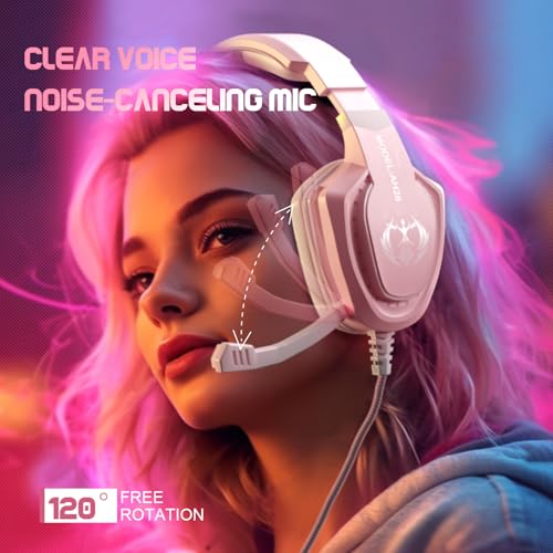 Pinkes Gaming-Headset für Mädchen und Frauen mit Mikrofon, Bass, Stereo-Surround-Sound, kabelgebunden, Over-Ear-Kopfhörer mit Mikrofon für PC, Mac, Computer, PS5, Xbox, PS4, Laptop (Rosa) Bild 5