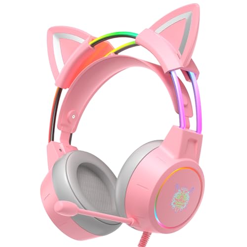 PHNIXGAM Katzenohren Gaming Headset mit Mikrofon, 3,5mm Leichte Kopfhörer mit RGB Aluminium Rahmen, Surround Sound, Kompatibel mit PS4 PS5 Xbox One (Adapter Nicht enthalten) PC Handy, Rosa Bild 1