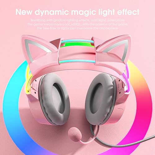 PHNIXGAM Katzenohren Gaming Headset mit Mikrofon, 3,5mm Leichte Kopfhörer mit RGB Aluminium Rahmen, Surround Sound, Kompatibel mit PS4 PS5 Xbox One (Adapter Nicht enthalten) PC Handy, Rosa Bild 2