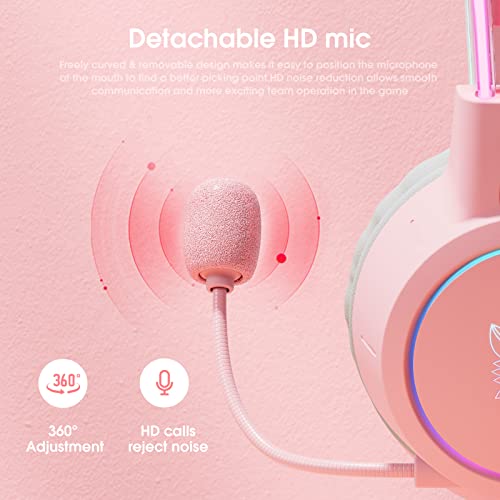 PHNIXGAM Katzenohren Gaming Headset mit Mikrofon, 3,5mm Leichte Kopfhörer mit RGB Aluminium Rahmen, Surround Sound, Kompatibel mit PS4 PS5 Xbox One (Adapter Nicht enthalten) PC Handy, Rosa Bild 4