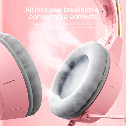 PHNIXGAM Katzenohren Gaming Headset mit Mikrofon, 3,5mm Leichte Kopfhörer mit RGB Aluminium Rahmen, Surround Sound, Kompatibel mit PS4 PS5 Xbox One (Adapter Nicht enthalten) PC Handy, Rosa Bild 5