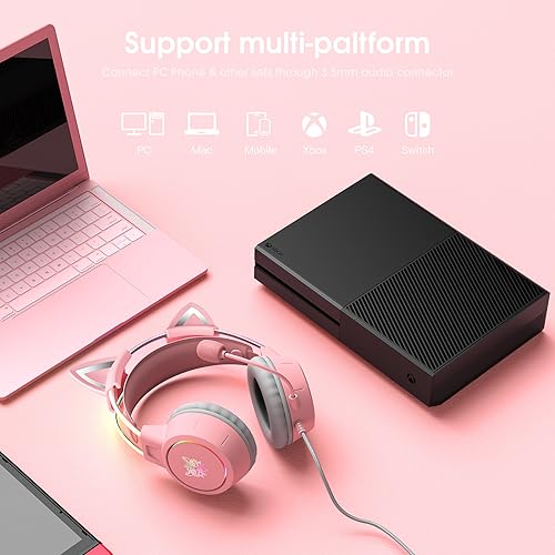 PHNIXGAM Katzenohren Gaming Headset mit Mikrofon, 3,5mm Leichte Kopfhörer mit RGB Aluminium Rahmen, Surround Sound, Kompatibel mit PS4 PS5 Xbox One (Adapter Nicht enthalten) PC Handy, Rosa Bild 6