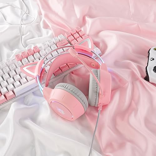 PHNIXGAM Katzenohren Gaming Headset mit Mikrofon, 3,5mm Leichte Kopfhörer mit RGB Aluminium Rahmen, Surround Sound, Kompatibel mit PS4 PS5 Xbox One (Adapter Nicht enthalten) PC Handy, Rosa Bild 7