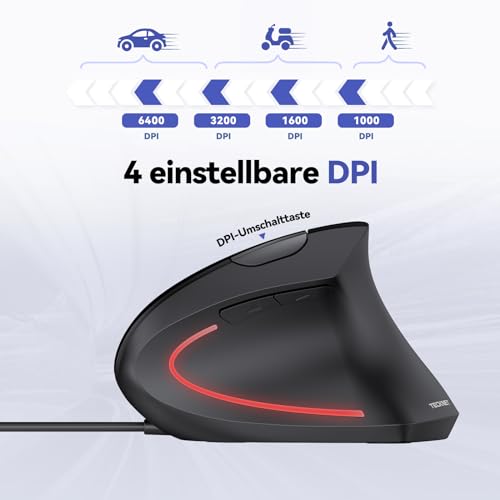 TECKNET Ergo Ergonomische Maus mit Kabel, Vertikale Maus, Ergonomisches Design, Vorbeugung Gegen Mausarm/Tennisarm, 6400 DPI 4 Tasten, PC Optische Mouse mit USB Kabel - Schwarz Bild 2