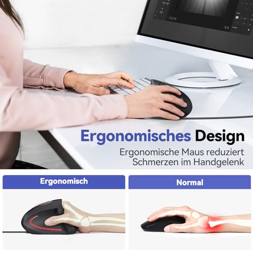 TECKNET Ergo Ergonomische Maus mit Kabel, Vertikale Maus, Ergonomisches Design, Vorbeugung Gegen Mausarm/Tennisarm, 6400 DPI 4 Tasten, PC Optische Mouse mit USB Kabel - Schwarz Bild 3