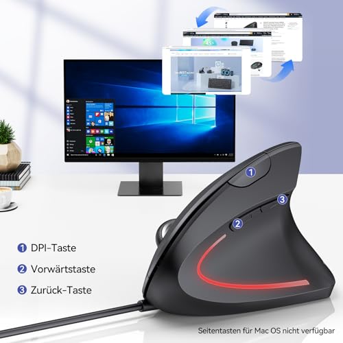 TECKNET Ergo Ergonomische Maus mit Kabel, Vertikale Maus, Ergonomisches Design, Vorbeugung Gegen Mausarm/Tennisarm, 6400 DPI 4 Tasten, PC Optische Mouse mit USB Kabel - Schwarz Bild 5