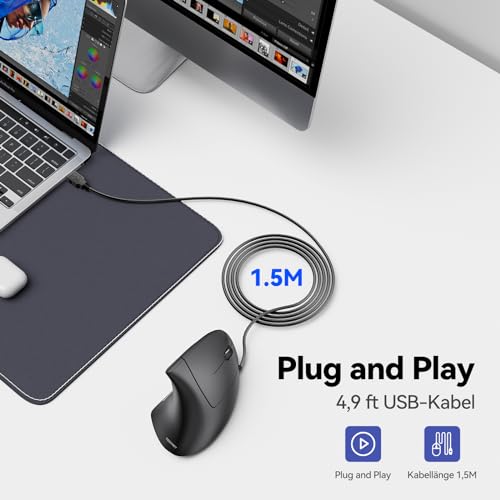 TECKNET Ergo Ergonomische Maus mit Kabel, Vertikale Maus, Ergonomisches Design, Vorbeugung Gegen Mausarm/Tennisarm, 6400 DPI 4 Tasten, PC Optische Mouse mit USB Kabel - Schwarz Bild 6