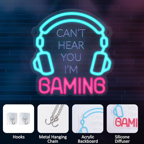 YuanDian Gaming Headset neon schild, kann dich nicht hören, ich bin Gaming LED leuchtschild für Spielzimmer Wanddekoration für Jungen Männer Teenager Gamer Bild 5