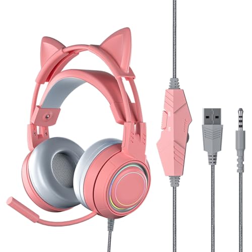 VBESTLIFE Katzenohr-Kopfhörer mit Geräuschunterdrückendem Mikrofon, Kabelgebundenes Over-Ear-Gaming-Headset mit Abnehmbaren Katzenohren, für PC, für One, für, für PS5 (PIN Bild 1
