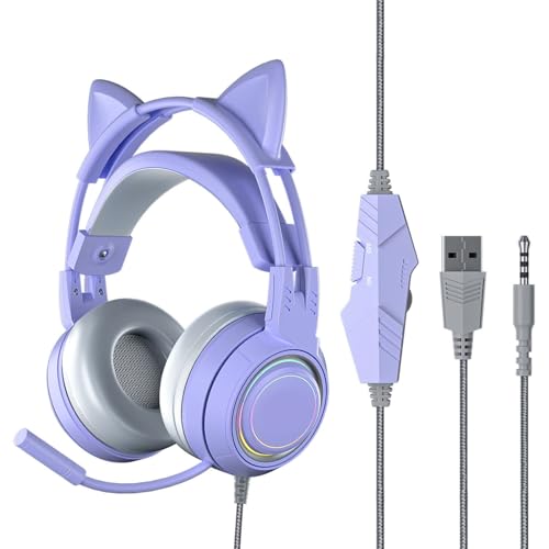VBESTLIFE Katzenohr-Kopfhörer mit Geräuschunterdrückendem Mikrofon, Kabelgebundenes Over-Ear-Gaming-Headset mit Abnehmbaren Katzenohren, für PC, für One, für, für PS5 Bild 1