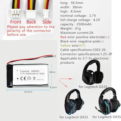 Faryerkar 3.7 V 2200 mAh Li-Ionen Akku für Logitech G933, G533, G935, G933S, G533S Wireless Artemis Spectrum Gaming Headset Akku Ersatz, kompatibel mit 533-000132 DIY Bild 2