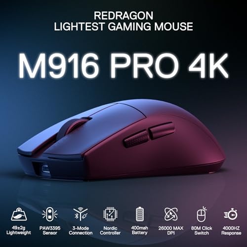 Redragon M916 PRO 3-Modus Wireless Gaming Maus, Hyperschnelle 4K Polling Rate, 49G Ultra-Leicht 26K DPI Maus mit Ergonomischem Natürlichem Griff, Neudefinierbare Makrotasten, Softwareunterstützt Bild 2