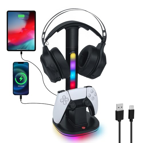 Game Controller Halter/Headset Ständer mit Ladestation für PS5 DualSense Controller, Kopfhörer Halter Gaming Zubehör mit 2 USB Anschlüss für PlayStation 5 DualSense Edge Controller Ladegeräts Bild 1