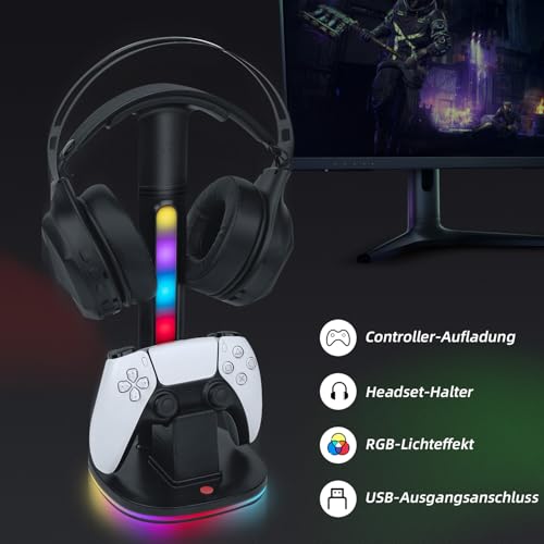 Game Controller Halter/Headset Ständer mit Ladestation für PS5 DualSense Controller, Kopfhörer Halter Gaming Zubehör mit 2 USB Anschlüss für PlayStation 5 DualSense Edge Controller Ladegeräts Bild 2