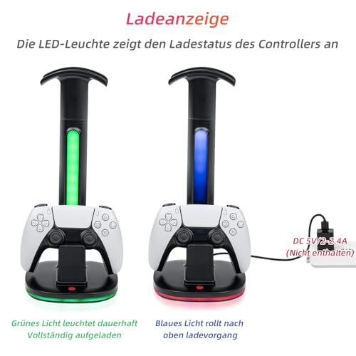 Game Controller Halter/Headset Ständer mit Ladestation für PS5 DualSense Controller, Kopfhörer Halter Gaming Zubehör mit 2 USB Anschlüss für PlayStation 5 DualSense Edge Controller Ladegeräts Bild 5