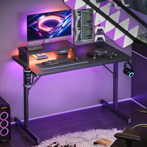 Bestier Kleiner Gaming-Schreibtisch 106,6 cm LED Computerschreibtisch mit Monitorständer, Gamer-Arbeitsstation mit Becherhalter & Headset-Haken für Home-Office, Schlafzimmer, kleine Räum Bild 5