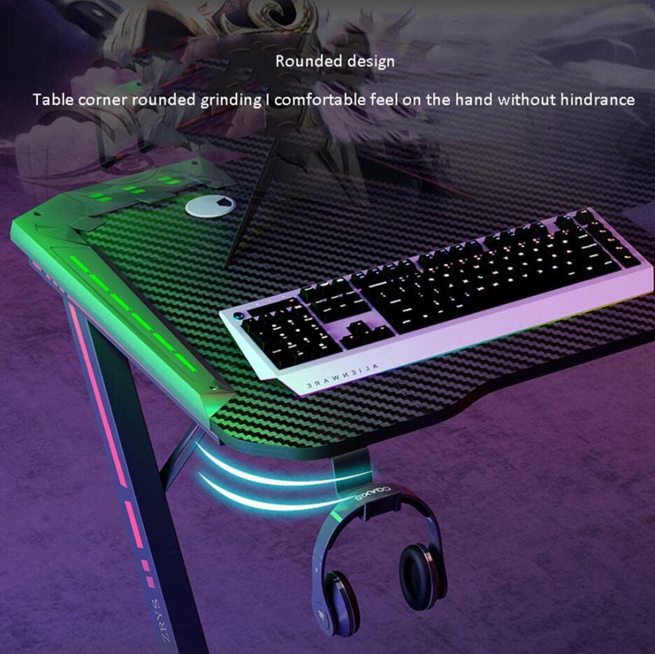 Computer-Gaming-Schreibtisch RGB LED, ergonomischer Gaming-Schreibtisch für PC, Z-förmiger Computer-Arbeitsplatz, Getränkehalter, Headset-Haken mit robustem Computertisch aus Metall und Holz, L 100 cm Bild 3