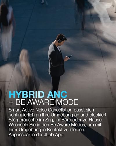 JLab JBuds LUX ANC Noise Cancelling Kopfhörer Over Ear Bluetooth kabellos mit Mikrofon und aktiver Geräuschunterdrückung, 70+ Std. Spielzeit, Faltbare Bluetooth Headphones, Immersive Audio, Graphit Bild 2